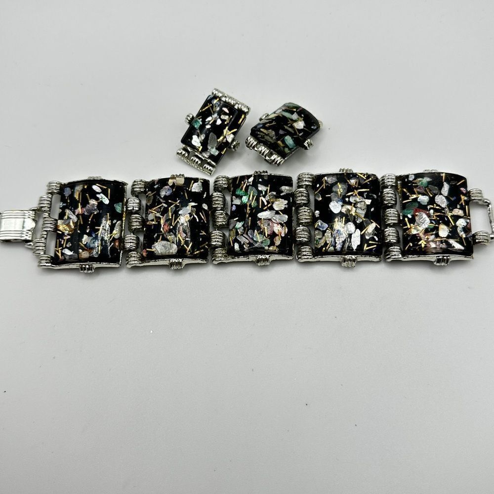 Vintage PAM Pamolina black "Confetti" Lucite Bracelet and Clip on Earrings set!